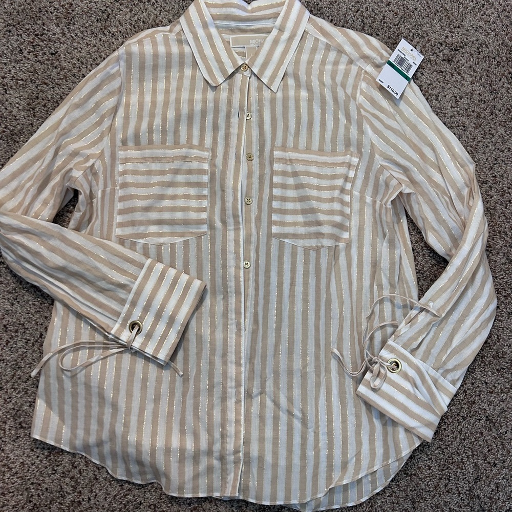 Michael Kors Striped Beige, White and Gold Blouse- NWT